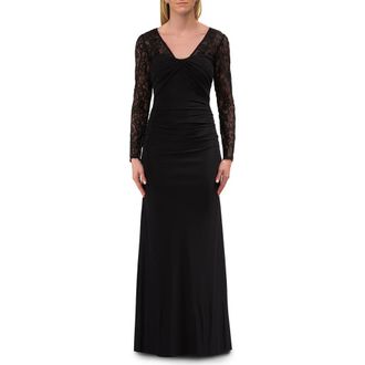 La Femme Long Sleeve Evening Dress with Ruching and Lace Details in Black at Nordstrom, Size 16