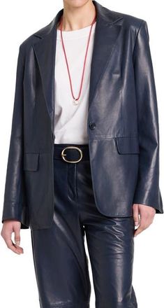 TWP Jillian Leather Blazer in Midnight at Nordstrom, Size Medium