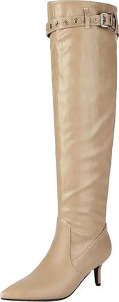Generic Womens Sexy Knee High Dress Boots Pointed Toe High Square Heel Slip On With Pleated Shaft And Buckle Detail