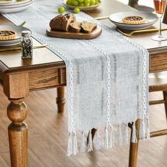 No Brand Camino De Mesa, Estilo Bohemio, Color Crema, Estilo R&uacute;stico, Con Borlas, Lavable, Ideal Para Fiestas, Cumplea&ntilde;os Y Decoraci&oacute;n De Bodas, Con 5 Rayas Gr