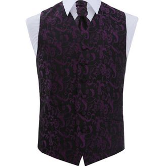DQT Mens Passion Floral Waistcoat Cravat and Hanky Black and Purple 46