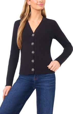 CeCe by Cynthia Steffe Flower Button Knit Cardigan in Rich Black at Nordstrom, Size X-Large