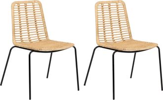 Beliani Conjunto De 2 Sillas Sin Reposabrazos Patas De Hierro Respaldo Y Asiento De Rat&aacute;n Dise&ntilde;o Vintage Boho Natural Taos