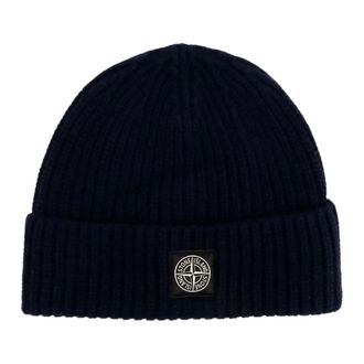 Stone Island Accessoires, Heren, Blauw, ONE Size, Wol, Ribbed Knit Beanie