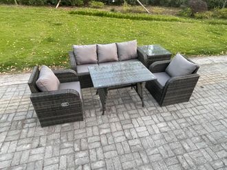 Fimous Rattan Wicker Garden Furniture Patio Conservatory Sofa Set with Dining Table Reclining Chair Side Table in Dark Grey