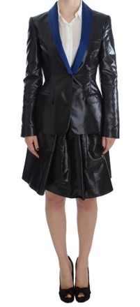 Exte Zwart Blazer Rok Kostuum Blauwe Contrast