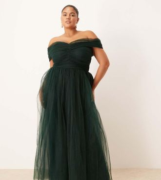 Lace & Beads Plus Vestito lungo in tulle verde bosco con spalle scese e fiocco