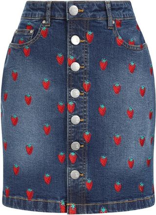 Hell Bunny Strawberry Mini Skirt Jeans High Waist Retro 1950s Vintage Denim - Blue (XXL)