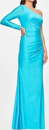 Faviana One Shoulder Long Sleeve Gown In Sky Blue