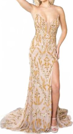 Rachel Allan Beaded Strapless Slit Gown In Nude Gold