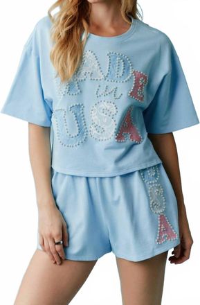 Peach Love California Made In Usa Pearl And Lace Top In Blue
