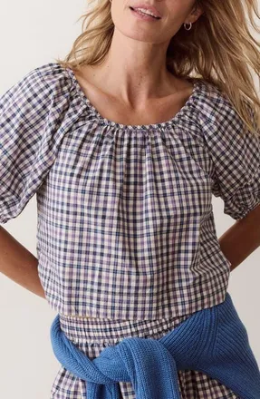 Marine Layer Gia Pima Cotton Poplin Top in Blue And Lavender Plaid at Nordstrom, Size X-Large