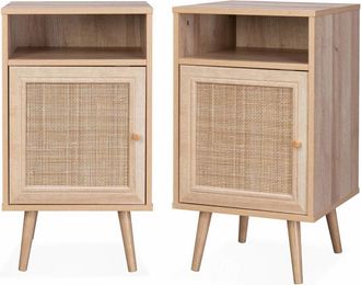 Sweeek Mesita de noche escandinava con efecto madera y caña, set de 2