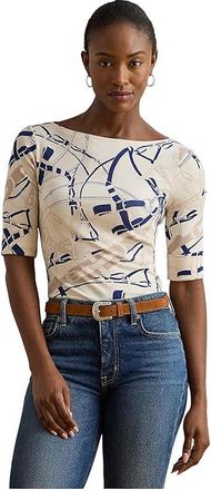 Lauren Ralph Lauren Petite Belting-Print Cotton Boatneck T-Shirts Womens Clothing Cream/Navy : PL, Cotton/Elastane