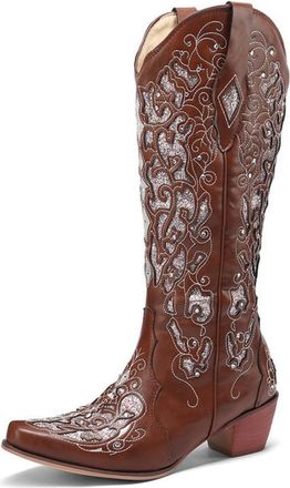 Generic Womens Pull on Knee High Boots with Rhinestone Chunky Heel Western Boot with Embroidery Stitched Round Toe PU Leather Long Boots,Brown,6.5 UK