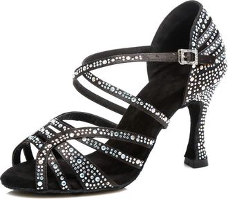 Minitoo Womens Latin Salsa Ballroom Dance Shoes with Rhinestones Wedding Evening Sandals L356 Black 9cm Heel UK 8.5