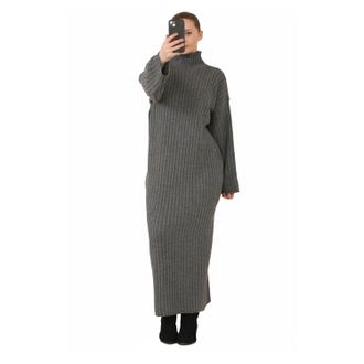 Generic Ladies Knitted Maxi Dress Long Sleeve High Funnel Neck Pullover Jumper - Womens Winter Warm Ribbed Long Dress, Soft Stretchy One Size Fit (UK 8-16) (U