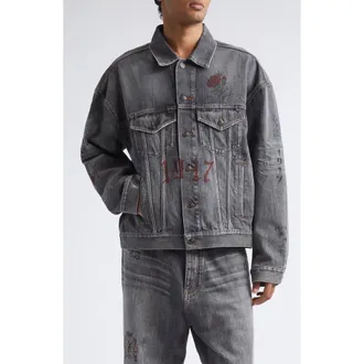 Balenciaga Tattoo Boxy Denim Jacket in 1441 Dark Grey at Nordstrom, Size X-Large