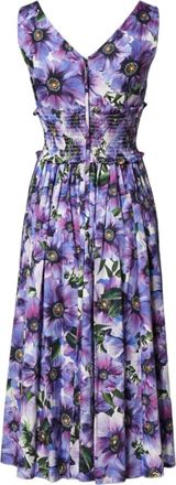 Dolce & Gabbana Anemone Bloemdessin Geplooide Popeline Midi Jurk - Dames - Maxi kleedjes - Veelkleurig - 2XS - Katoen - Kleedjes