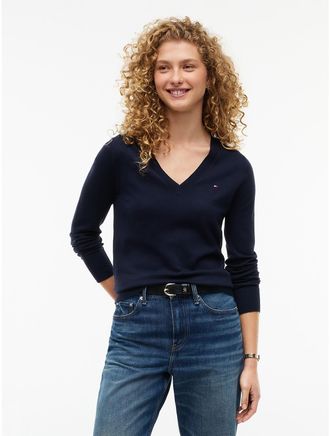 Tommy Hilfiger Womens Viscose-Blend V-Neck Sweater - Navy Blue - XXL