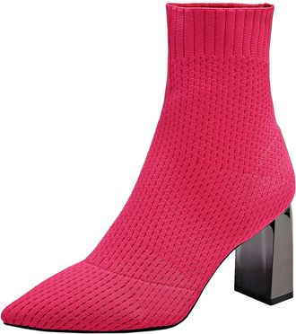 Generic Ladies Fashion Knitted Mesh Pointed Toe Ankle Boots with Thick High Heel and Breathable Comfort Design for Women (5.5) Hot Pink