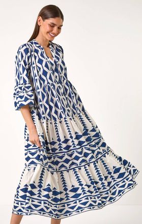 Roman Aztec Print Tiered Midi Smock Dress