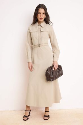 Trendyol Modest Dames Beige Effen Maxi Lang Casual Skater Modest Jurken