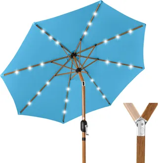 Best Choice Products 10ft Solar LED Lighted Outdoor Woodgrain Pattern Steel Market Patio Umbrella