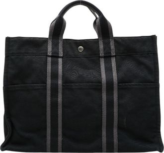 Herm&egrave;s Black Gray Cotton Handbag Tote Bag (Pre-Owned)