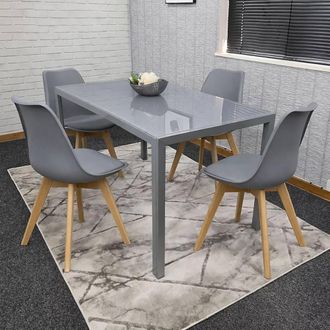 Kosy Koala Modern Rectangle Grey Glass Dining Table Set With 4 Grey Metal Chairs in Light Grey