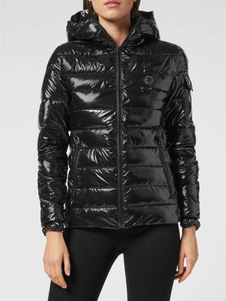Philipp Plein Piumino corto slim fit in nylon trapuntato con logo Hexagon