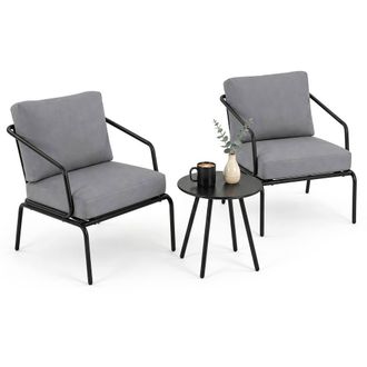 Costway Costway 3PCS Outdoor Bistro Set Round Side Table &2 Armchairs w/Cushions in Grey