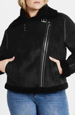 City Chic Madilyn Faux Shearling Moto Jacket in Black at Nordstrom, Size Xxs
