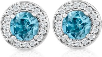 Pompeii3 3/4ct Halo Diamond Blue Topaz Studs 14K White Gold