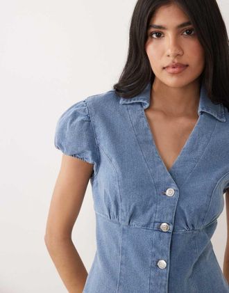 Miss Selfridge Camicia in denim con maniche ad aletta lavaggio blu medio