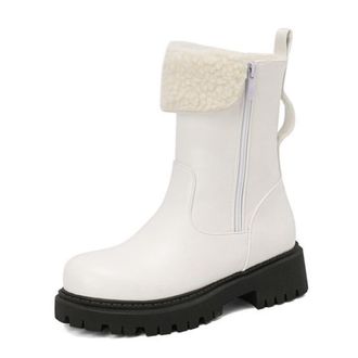 Generic Womens Fashion Winter Biker Boots Round Toe Platform Chunky Heels Short Booties with Side Zipper (5.5,White)