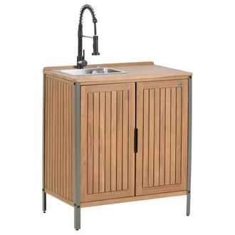 Beliani Armario De Cocina Exterior De Madera De Acacia 2 Puertas 2 Estantes Con Fregadero Y Grifo 50 X 80 X 92 Cm Encimera De Madera Maciza Marr&oacute;n/negro Ivrea