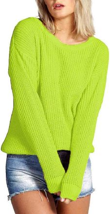 Crazy Girls Womens Ladies Baggy Long Sleeve Knitted Plain Chunky Top Sweater Jumper S-XL (2XL, Lime Green)
