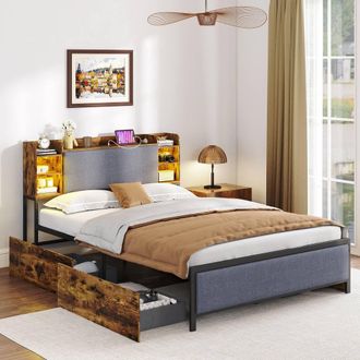 Costway Costway Double Size Bed Frame Platform Bed w/ LED Lights & Charging Station in Brown