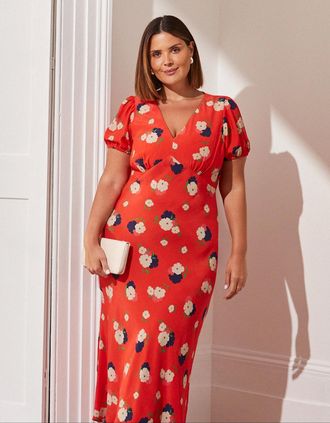Live Unlimited London Womens Red Floral Puff Sleeve Midi Dress - Size: 26