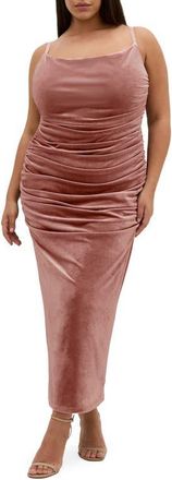 City Chic Athera Ruched Velvet Midi Dress in Dusty Rose at Nordstrom, Size Xxl