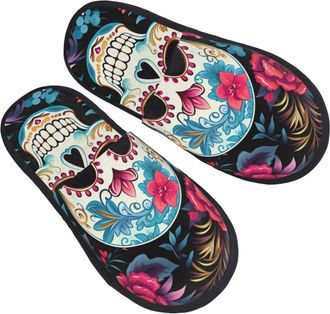 Generic Fuzzy Slippers Sugar Skeleton Day Of The Dead Cozy House Slippers Non-Slip House Shoes For Home Women Indoor L