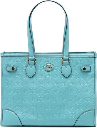 Gucci Pre-owned Womens Gg Star Embossed Leather Tote - Light Blue - One Size