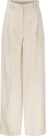 Brunello Cucinelli Geplooide Katoenen Broek met Wijde Pijpen - Dames - Wijde Broeken - Wit - XS - Katoen - Broeken