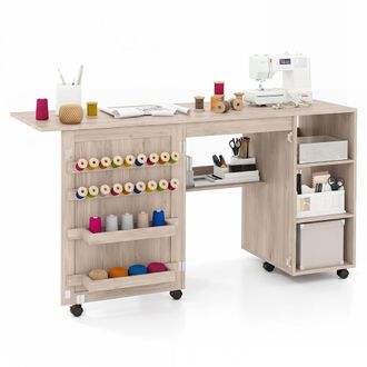 Costway Costway Folding Sewing Table Rolling Sewing Machine Craft Station w/18 Pegs in Natural