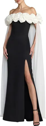 Mac Duggal Off The Shoulder Crepe Gown With Chiffon Cape in Black Ivory at Nordstrom, Size 2
