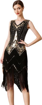 Ever-pretty Womens 1920s Vintage Sequin Fringe Cocktail Dress, Flapper Gown with Beaded for Gatsby Party Evening Black M