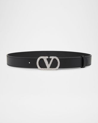 Valentino Garavani VLogo Signature Crystal-Embellished Leather Belt, 30mm