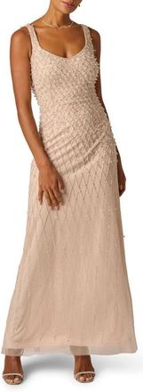 Adrianna Papell Beaded Mesh Evening Gown in Shell at Nordstrom, Size 12