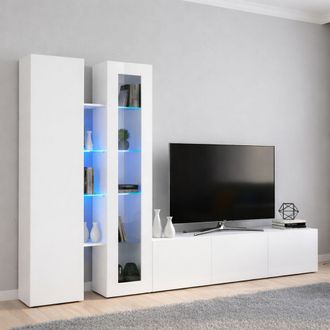Dmora Dmora - Pared Equipada Dcau, Conjunto De Sal&oacute;n Mueble De Tv Con 3 Puertas, Mueble De Sal&oacute;n Polivalente Con Vitrina Y Luz Led, 100% Made In Italy, Cm 2
